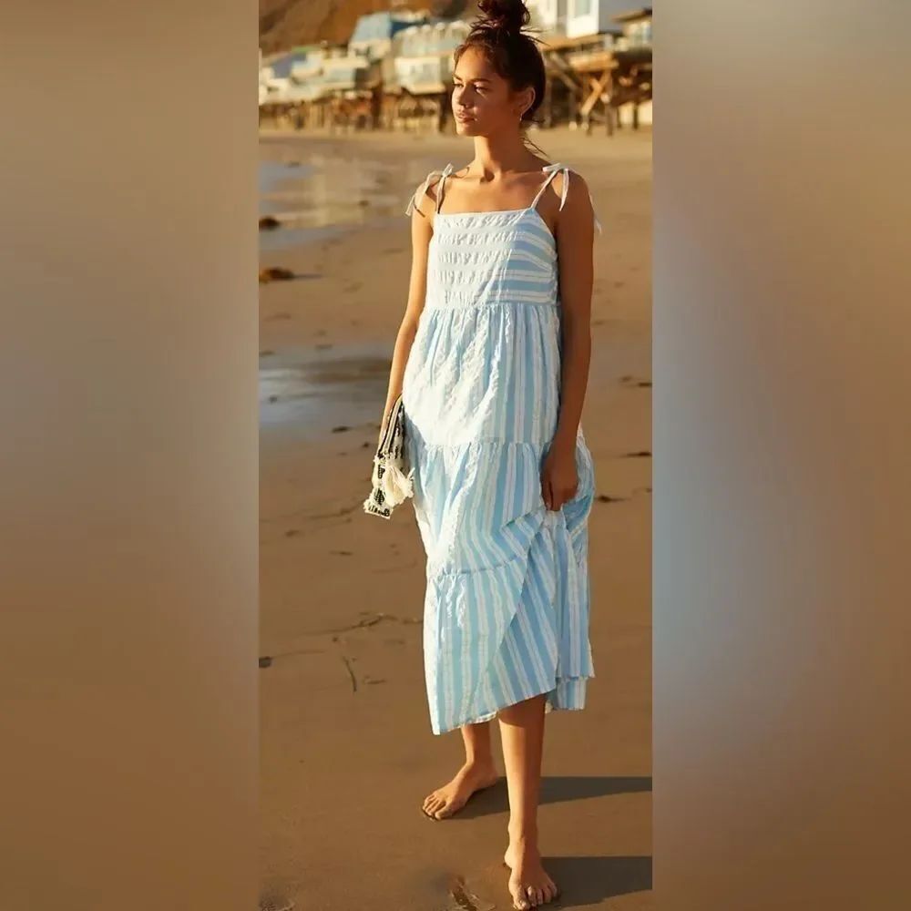 Anthropologie Seafolly Cabana Shoulder-Tie Dress Size Medium Blue Striped
